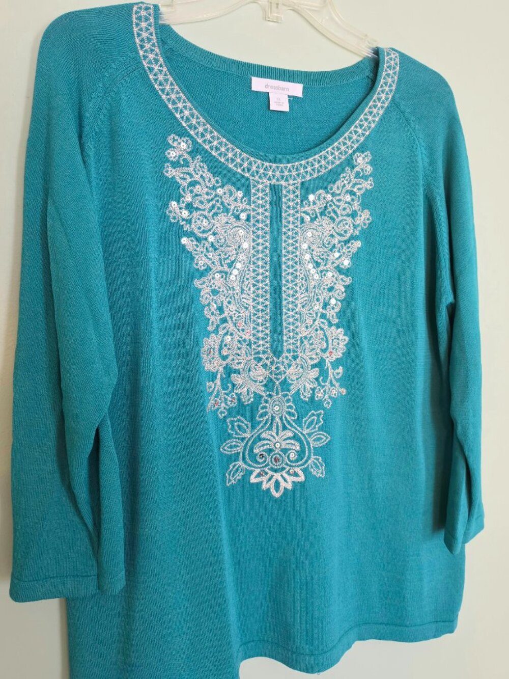 NWOT Dressbarn Teal sweater with embroidery and sequins XL